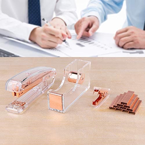 ALSISK Desk Accessory Kit,Acrylic Stapler Set, Tape Dispenser, Staple Remover with 1000pcs 26/6 Staples -Rose Gold 7