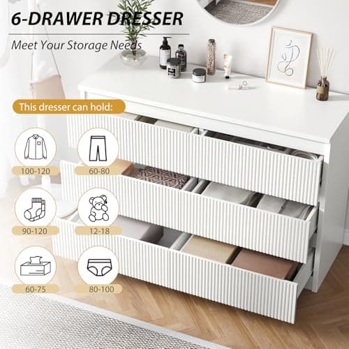 Jocoevol White 6 Drawer Dresser for Bedroom, Modern Fluted Dresser with Deep Drawers, Large Double Wooden Chest of Drawers for Living Room, Hallway, Entryway (White) 5