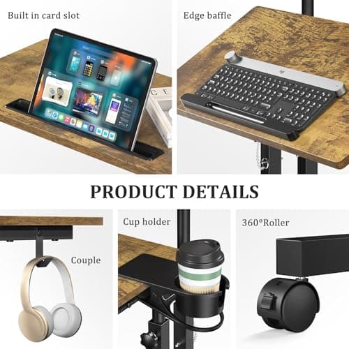 Enayplon Small Standing Desk with Wheels, Mobile Stand Up Desk, Portable Standing Table on Wheels for Walking Pad, Rolling Computer Desk Adjustable Height, Tall Table 8