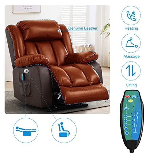 MAEVIS Large Lay Flat Sleeping Genuine Leather Power Lift Recliner Chairs for Elderly with Heat and Massage, with Dual OKIN Motor,Overstuffed Wide Recliners for Living Room,USB Ports (Brown) 5