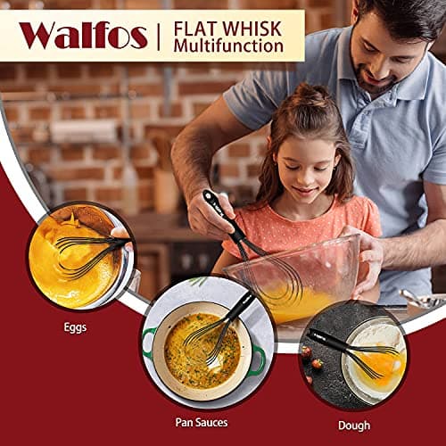 Walfos Silicone Flat Whisk,11inch Flat Whisk Non Scratch Coated Flat Whisks for Cooking.Great for Ceramic Coated pans and Wider shallower pots.Black 7