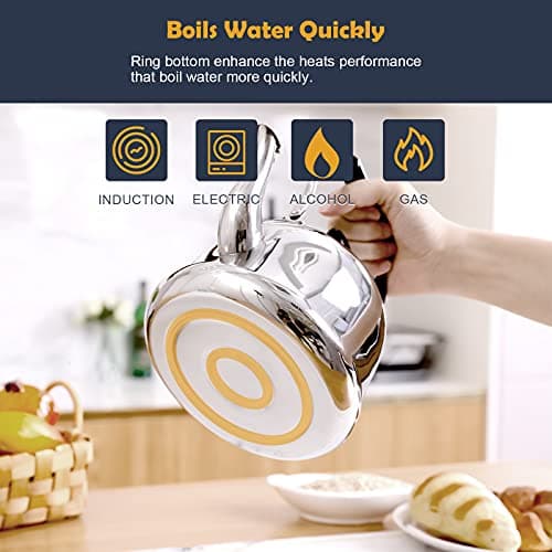 Tea Kettle Stovetop Whistling Teakettle ClassicTeapot Stainless Steel Tea Pots for Stove Top with Heat-resistant Folding Handle Mirror Finish, 2 liters 6