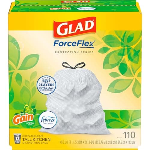 Glad ForceFlex Protection Series Tall Trash Bags, 13 Gal, Gain Original with Febreze, 110 Ct (Package May Vary)