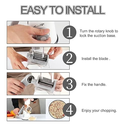 Ourokhome Rotary Cheese Grater Hand Crank, Kitchen Shredder Speed Mandolin Slicer Nuts Grinder with Handle and Drum Blades for Cheese, Vegetable, Walnuts, Chocolate, Potato, Carrot, 3 Blades, White 5
