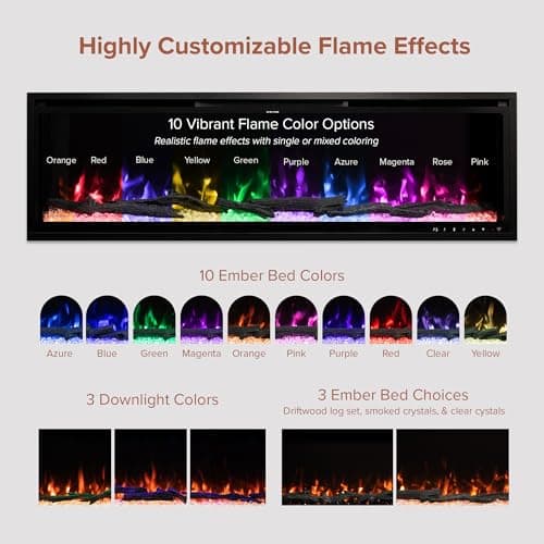 Modern Ember Highmark 60 Inch Smart Linear Electric Fireplace - Premium Flame with 10 Colors, Sleek Hidden Vent Design, Install Recessed in-Wall or Wall-Mount, WiFi Enabled. 6
