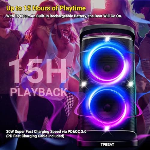 TPBEAT Portable Bluetooth Party Speaker: 160W Peak Powerful Loud Sound Deep Bass Wireless Boombox Large Subwoofer 15 Hours Battery Life Fast Charging with Led Light Show for Outdoor Camping Backyard 5