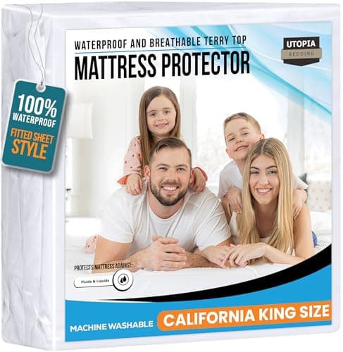 California King Size Mattress Protector Waterproof, Premium 200 GSM Terry Mattress Cover, Soft & Breathable Bed Cover, Fitted Sheet Style Stretchable Deep Pockets 17" by Utopia Bedding (White)