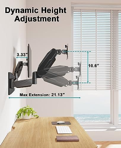 MOUNT PRO Dual Monitor Wall Mount for 2 Computer Screen up to 32 Inch, Gas Spring Double Monitor Arm Holds Up to 17.6lbs Each, Full Motion Adjustable Wall Monitor Mount, VESA Mount 75x75/100x100 8