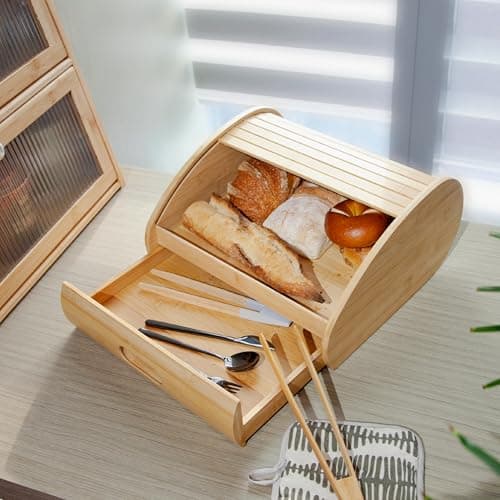 CARTMAN Natural Bamboo Roll Top Bread Box Kitchen for Countertop Food Storage, Large,NO ASSEMBLY REQUIRED,Double-layered linkage drawers 5