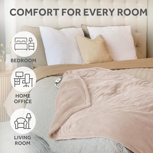 Sunbeam Electric Throw Royal Posh Velvet Heated Blanket, 4 Heat Settings, 4-Hour Auto Shut-Off, Fast Heating, Lush, Silky, and Ultra Comfy, Champagne Color, 50" x 60" 5