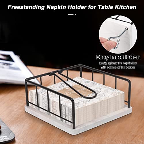 Livabber Flat Napkin Holder, Metal Kitchen Napkin Storage with Weighted Tension Arm Rustic Tissue Paper Dispenser for Countertop, Table Kitchen, Dining Room (With Marble Base, Black) 7