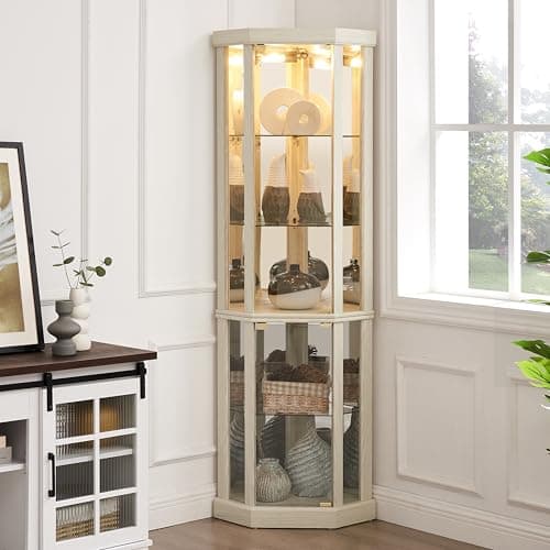 CKEASEAN Corner Curio Cabinet, 70" H Lighted Glass Display Cage with Tempered Glass Doors and 5 Adjustable Shelves, Light Bulb Inclued, Wine Bar China Cabinet for Living Room (White) 9