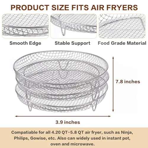 LUIOUS 7.8" Air Fryer Accessories, 3 Stackable Racks for Instant Vortex, Nuwave Air Fryer, Ninja Foodi Grill, Multi-Layer 304 Stainless Steel Grill Rack, Fits 5.8 QT Air Fryer Oven 5