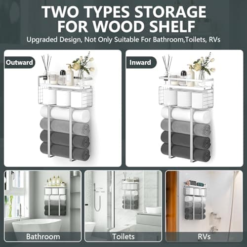 Towel Racks for Bathroom, Bathroom Shelf Over Toilet,Floating Shelves with Towel Rack Paper Holder Storage Basket,Floating Shelves for Wall Decor,Silver 5