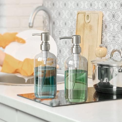 AmazerBath Soap Dispenser, 2 Pack Glass Soap Dispenser with Pump Stainless Steel, 17 Oz Hand Soap Bottles Bathroom Kitchen, Clear 6