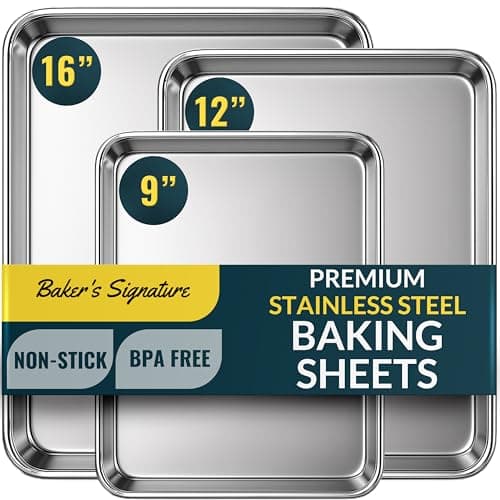 Baker’s Signature Stainless Steel Cookie Sheet Pan, Stainless Steel Baking Sheet Set of 3, Mirror Finish, Non-Stick, Rust Resistant, BPA Free, Dishwasher Safe, 9/12/16 Inch