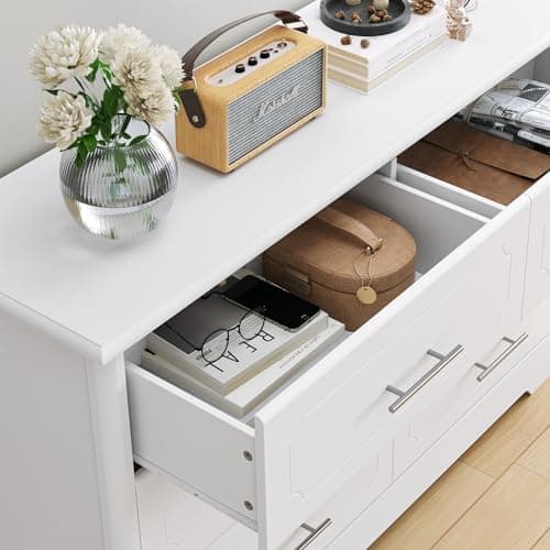 HOSTACK 6 Drawer Dresser, Modern White Double Dresser, Wide Chest of Drawers with Metal Handels, Accent Wood Storage Chest Organizers for Living Room, Hallway, Entryway (Trapezoid/White) 8