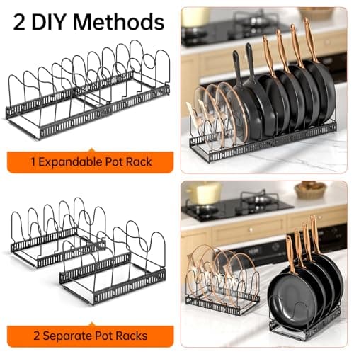 MUDEELA Pots and Pans Organizer Rack for under Cabinet, Expandable 11.81''-22.85'' Pot Lid Kitchen Cabinet Organizer Holder with 10 Adjustable Compartment Cutting Board Organizer for Pan Lid, Bakeware 5