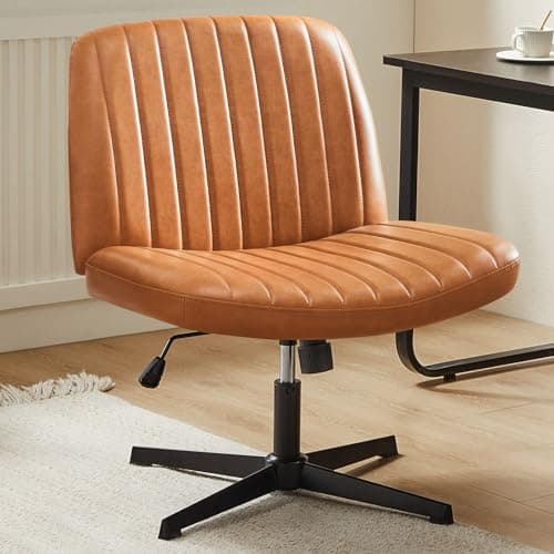 Sweetcrispy Criss Cross Chair Legged, Armless Office Wide Desk Chair No Wheels, PU Leather Swivel Vanity Height Adjustable Fabric Modern Computer Task Seating for Home - Brown