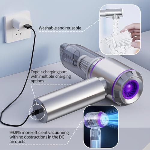 Mini Cordless Handheld Car Vacuum Cleaner/Air Duster/Blower/Hand Pump, 21000 PA High Power Brushless Motor, Portable Keyboard Vacuum Cleaner with Multi-Nozzles for Home, Office, Computer (Purple) 8