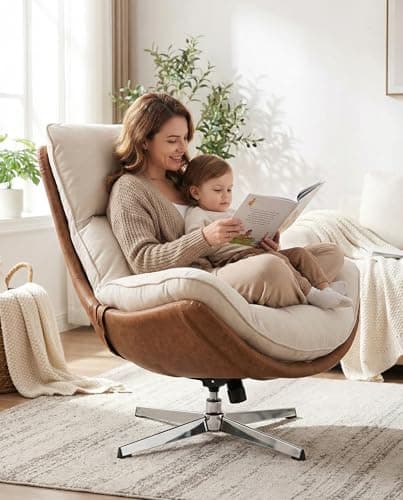 LukeAlon Linen Swivel Lounge Chair, Upholstered High Back Accent Chair with Metal Base Armelss Comfy Modern Recliner Chair for Living Room Office, Beige