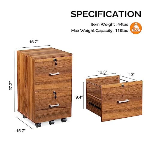 VINGLI 2-Drawer Rolling File Cabinet with Lock, Wood Mobile File Organization for Hanging Letter Size Filings Under Desk Filing Cabinets for Home Office, Assembly Required, Classic Walnut, 26.5" H 3