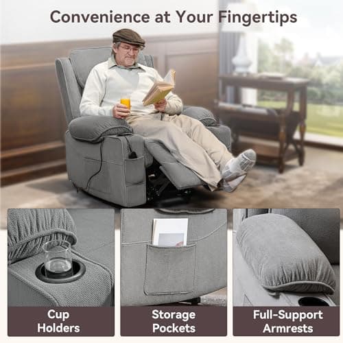 Susalt Lift Chair, Power Lift Recliner for Elderly/Post-Surgery Recovery, Electric Lift Reclining Chair with Cup Holder, 90°- 155°Adjustable Backrest Fabric Recliner,Living Room Lift Chairs, Gray 7