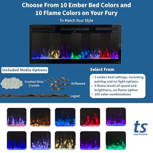 Touchstone Smart Electric Fireplace-The Fury 65" Wide- 4.5" Thin in Wall Recessed-100 Realistic Flame/Ember Bed Color Combos-1,500W Heater-Larger Viewing Area-Alexa/WiFi Enabled 6