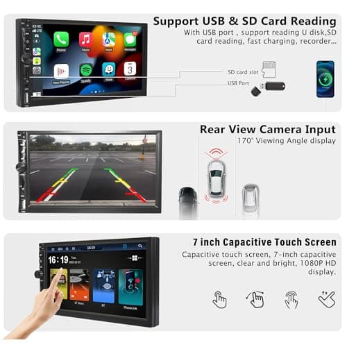 Upgrade Wireless 7" Double Din Car Stereo with Apple CarPlay Android Auto 178 * 102mm,Touchscreen Car Play Radio for Car,Screen for Bluetooth 5.2, Weatherproof Backup Camera,FM,AUX,Card Slot,USB,SWC 5