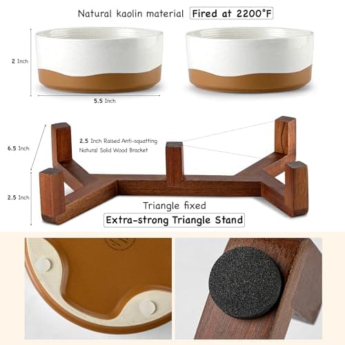 Lareina Small Dog Bowls for Food and Water, 1.5 Cups Pet Bowl Set with Non-Slip Wood Stand for Your Dogs and Cats, Vanilla White 5