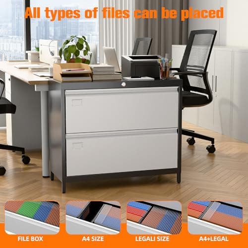 SUXXAN Metal 2 Drawer Lateral File Cabinet with Lock & Adjustable Feet - Wide Filing Cabinet for Letter/Legal/F4/A4 Hanging Files - Includes Business Card Holder,Home Office School Storage,Black/Grey 5