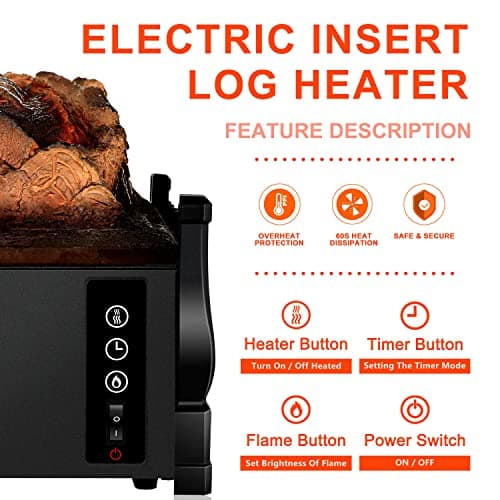 Electric Fireplace Log Insert Heater, up to 1500W Heating, 5 Flame Brightness Levels, 24-Hour Timer, Overheat Protection, Suitable for Home and Office Decoration, Black 5