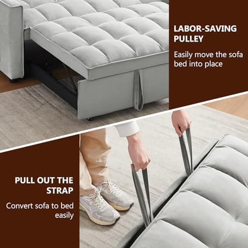 Yafylly 3 in 1 Sleeper Sofa Couch Bed, Pull Out Loveseat with Storage, Full Size Velvet Convertible Chair with 2 Pockets & 2 Pillows for Living Room, Grey 7