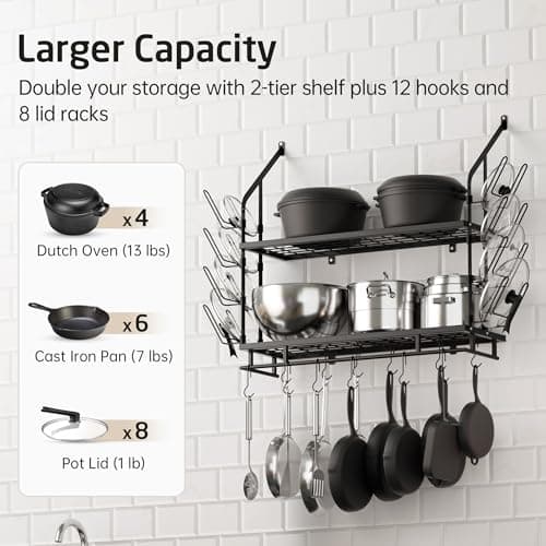 KES 30-Inch Pot Rack Wall Mounted with 8 Secure Lid Holders & 12 Sturdy Hooks, 2-Tier Kitchen Hanging Pot and Pan Organizer, Ample Storage for Tall Cookware, KUR215S75C-BK 2