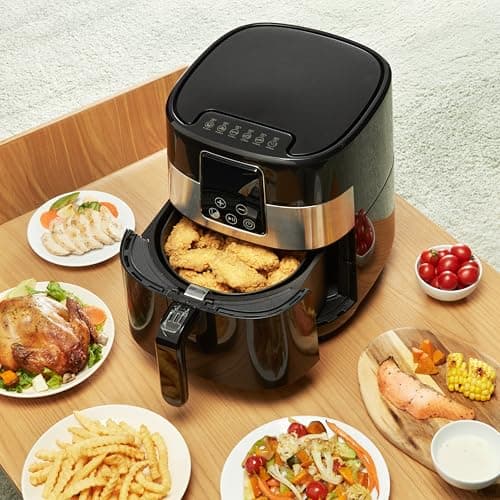 Amazon Basics 3.2 Quart 6-In-1 Digital Air Fryer with Non-Stick Basket, Timer, Auto Shut-Off, Touch Screen, 1400W, 180-400°F Temperature Range, Black/Silver 6