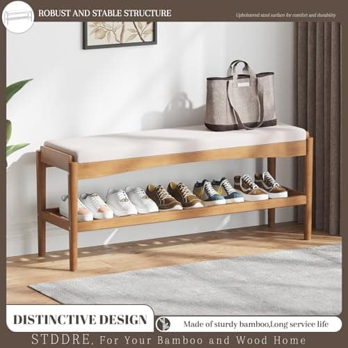 STDDRE Shoe Bench Entryway Bamboo 2-Tier Shoe Rack with Cushion Padded Seat Shoe Bench Organizer Stable for Entry, Hallway, Living Room, Bedroom, Closet (39.4 * 11.4 * 16.5IN, Brown-Beige) 3