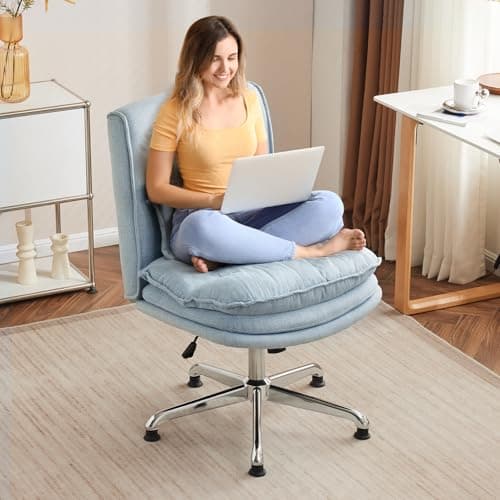 VINGLI Cloud Criss Cross Legged Chair,18" High Back Armless Home Office Desk Chair no Wheel,Wide Adjustable Comfy Padded Seat Task Computer Chair,Modern Swivel Makeup Vanity Chair,Fabric,Blue