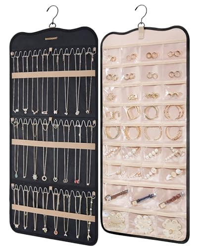 BAGSMART Hanging Jewelry Organizer Storage with Hanger Metal Hooks Double-Sided Jewelry Holder for Earrings, Necklaces, Rings on Closet, Wall, Door, 1 piece Large Black