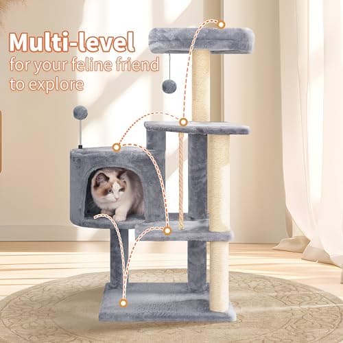 TINWEIUS Multifunctional Cat Tree for Indor Cats, Cat Tower with Cozy Condo, Perches, Scratching Posts and Hanging Rope, Grey 6
