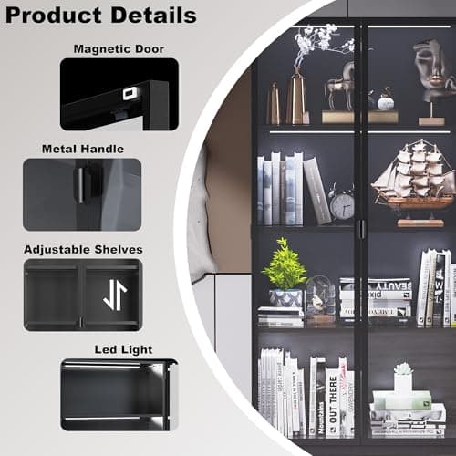 Kelueo 63" H Display Cabinet with Glass Doors,Tall Display Cabinet with LED Lights,Display Case for Collectibles,Glass Display Cabinets with 3 Adjustable Shelves for Living Room,Bedroom,Office 5