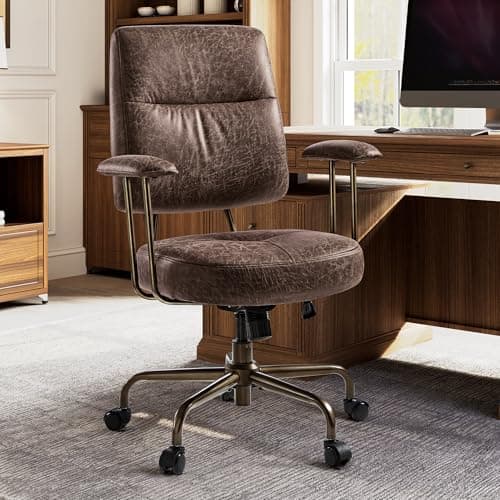 EUREKA ERGONOMIC Becky Mid Century Modern Office Desk Chairs Leather, Comfy Office Chair with Lumbar Support and Arms, Mid-Back, Comfortable Thick Cushion, Height Adjustable, 360°Swivel, Brown