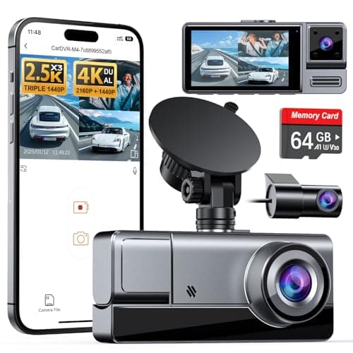 Icesky Three Channel Dash Cam Front and Rear Inside with WiFi 6, Triple Way 2.5K, 4K+2.5K Dual Dash Camera for Cars Front and Rear/Inside, Car Dashcams with 64GB Card, 24H Parking Mode, App Control