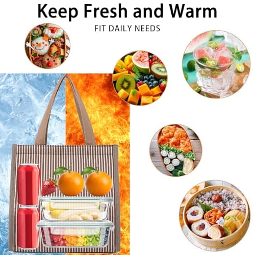 LERASO Insulated Lunch Bag for Work, 10.2"x5.9"x10.2" Oxford Waterproof Lunch Tote, Thermal Lunch Box for Office, Picnic & Outdoor, Pink and White Striped Canvas Tote Bag 7