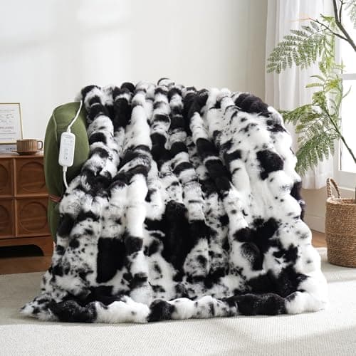 Cow Print Heating Throw Blankets Luxurious Western Soft Bubble Faux Rabbit Fur 8 Heat Settings Overheat Protection Quick Heating Electric Heated Blanket 50"x60"(Black)