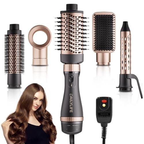 DAILYLIFE Blow Dryer Brush with 5 Attachments, Hot Air Brush Set for Straightening/Drying/Curling, Oval Brush, with Ionic Function and ALCI Safety Plug, UL Certification