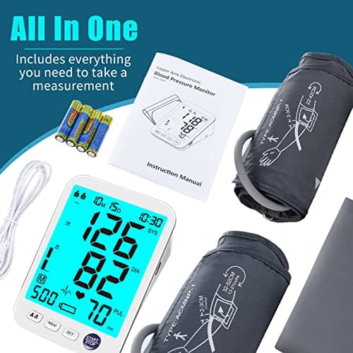 Blood Pressure Monitor-Automatic Blood Pressure Machine XL Cuff for Big Arms 13-21”-Medium/Large Cuff 9"-17" Extra Large Backlit LCD Two User 1000 Mem (Blue 7