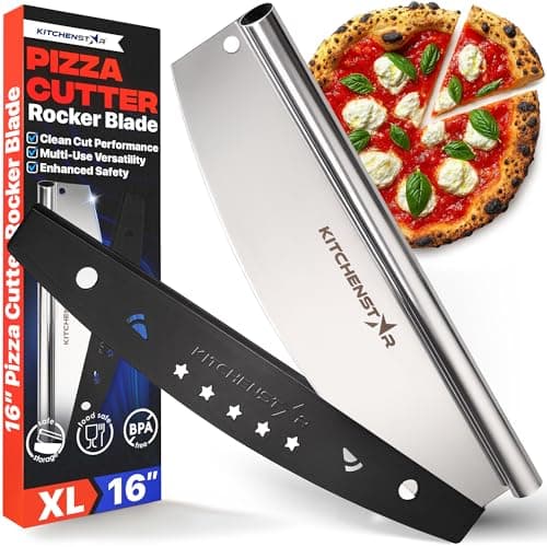KitchenStar 16-Inch Pizza Cutter Rocker Blade - Sharp Stainless Steel Slicer Knife, Protective Cover, Dishwasher Safe, Large - Professional Pizza Oven Accessories
