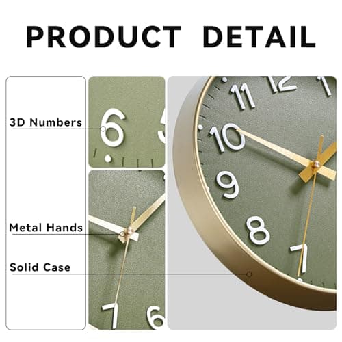 cicininc Wall Clock Green-Silent Wall Clocks Battery Operated 8 Inch-Modern Non Ticking Analog Clock Decorative for Kitchen Office Bathroom Bedroom(Gold) 8