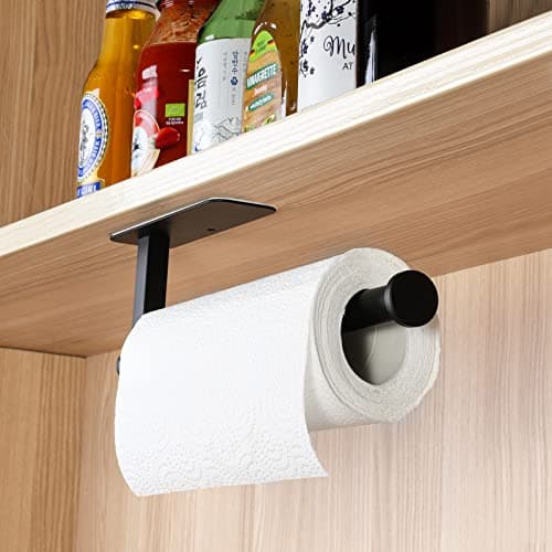 ASTOFLI Paper Towel Holder Under Cabinet No Drilling, Self Adhesive Paper Towel Holder Wall Mount for Kitchen Rack, Under Counter Napin Holder No Drill, 304 Stainless Steel Matte Black 6