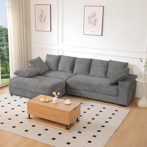 108.6" Corduroy Modular Sectional Sofa with Ottoman & Storage, Modern Deep-Seat L-Shaped Sectional with 8 Pillows, Cloud-Like Couch for Living Room, Office & Apartment, Grey